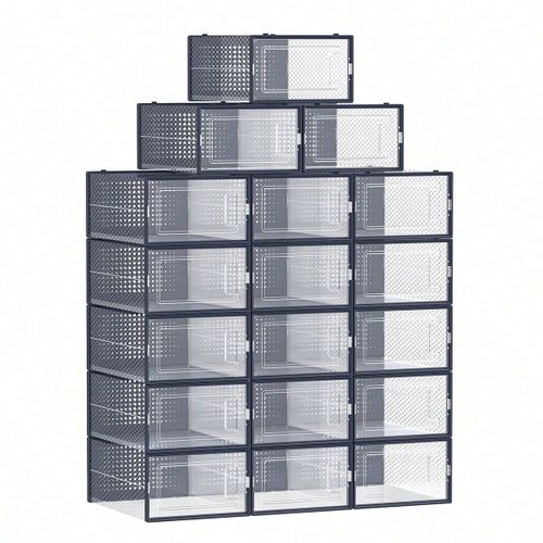 Boîtes à chaussures, Lot de 18, Rangement Chaussures, Pliable, pour pointure jusqu'à 44, Transparent et Bleu Carbone