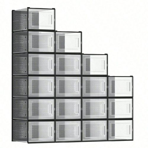 Boîtes à chaussures, Lot de 18, Rangement Chaussures, Pliable, pour pointure jusqu'à 46, Transparent et Noir, 35 x 25,2 x 19 cm