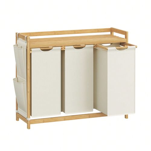 Panier à linge, avec 3 compartiments, Corbeille à linge Sale, Capacité de 150 Litres, avec Étagère, 3 x 50 L, 94 x 33 x 78 cm, Blanc Crème