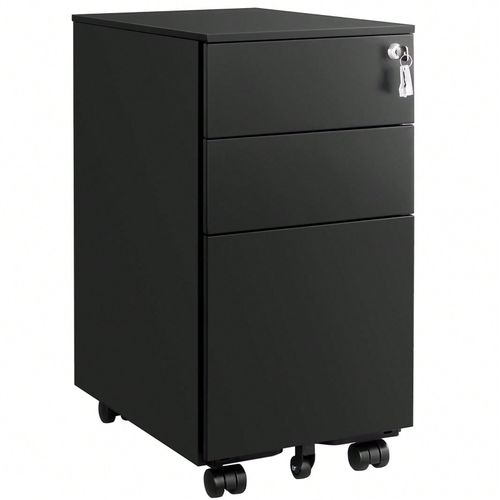 Caisson De Bureau Metal, Caisson De Rangement Mobile, Avec Roulettes Et Serrure, Noir