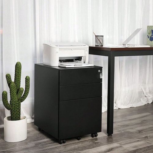 Caisson De Bureau Metal, Avec Roulettes Et Serrure, 3 Tiroirs, 39 X 52 X 60 Cm