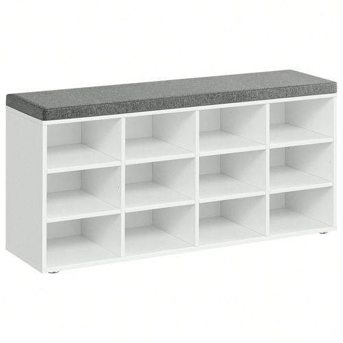 Banc À Chaussures, Étagère À Chaussures Avec Coussin Et 12 Compartiments, 30,3 X 104 X 48 Cm, Blanc Classique