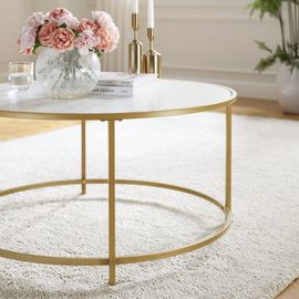 Table Basse Ronde, Cadre En Métal Doré, Montage Facile, Style Moderne, Doré Et Blanc