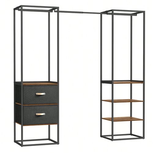 Penderie, Armoire Ouverte, Avec 1 Tringle Extensible, 2 Tiroirs Et 4 Étagères, Gain De Place, Marron Rustique
