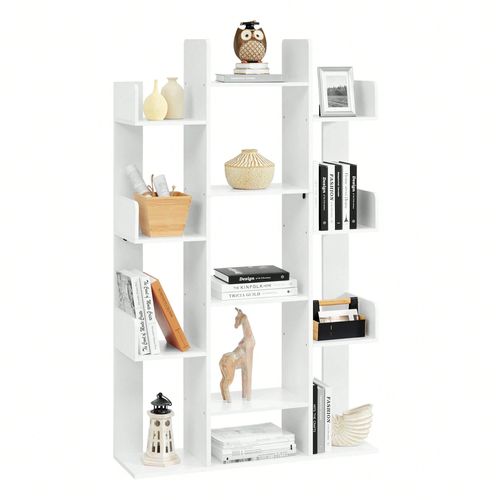 Bibliothèque Arbre, Étagère À 13 Compartiments, Meuble De Rangement, 86 X 25 X 140 Cm, Avec Coins Arrondis Et Rebords, Blanc