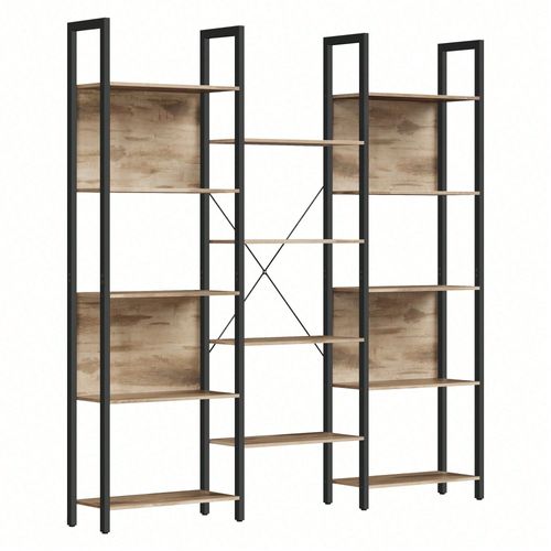 Bibliothèque, Avec 14 Étagères, Cadre En Métal, Style Industriel, 24 X 158 X 166 Cm, Marron Camel Et Noir D'encre