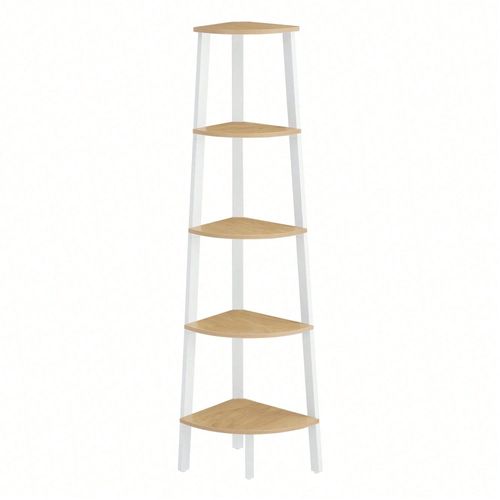 Étagère d'angle, Bibliothèque 5 Niveaux, Étagère Échelle, Style Industriel, avec cadre en acier, Couleur Chêne Naturel et Blanc Mat