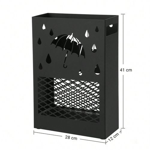 Porte-parapluies en métal, Support à rectangulaire, avec réceptacle d'eau amovible, 4 crochets, motifs ajourés, pour entrée, bureau, Noir