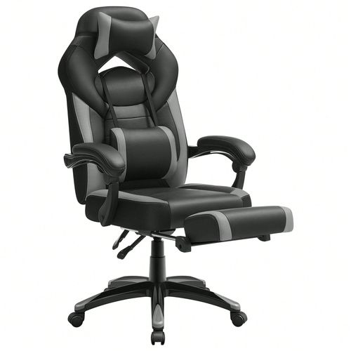 Fauteuil Gamer Ergonomique, Avec Repose-Pieds Télescopique, Appui-Tête Réglable, Capacité De Charge 150 Kg, Gris Et Noir