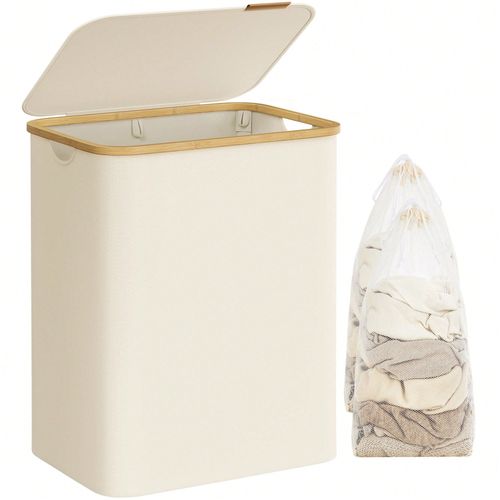 Panier à linge avec couvercle à 2 compartiments, 130L, Sac Amovible, Tissu Oxford, Poignées en bambou, Pliable, 52 x 38,5 x 70,5 cm, Blanc Crème