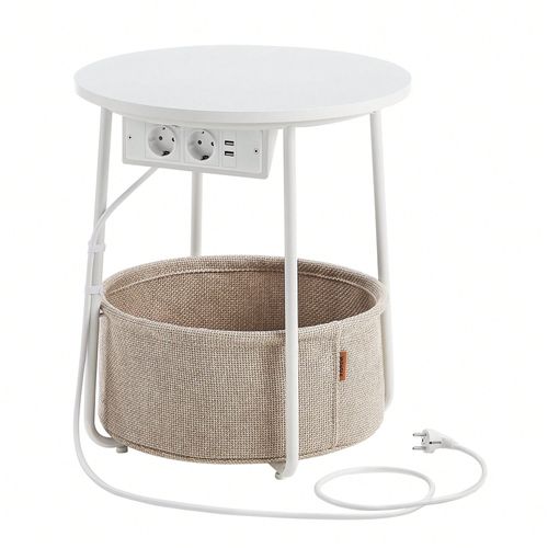 Table Basse Avec Multiprise, Table Ronde Avec Prises De Courant, Ports Usb, Panier En Tissu, Blanc Mat Et Marron Camel