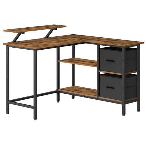 Bureau En Forme De L Avec 2 Tiroirs Spacieux, Bureau Gaming Avec Support Pour Écran, Bureau D'angle, Étagère Réglable, Pour Bureau, Marron Rustique