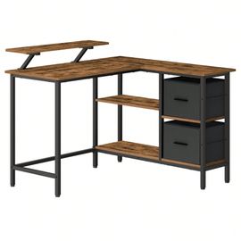 Bureau En Forme De L Avec 2 Tiroirs Spacieux, Bureau Gaming Avec Support Pour Écran, Bureau D'angle, Étagère Réglable, Pour Bureau, Marron Rustique