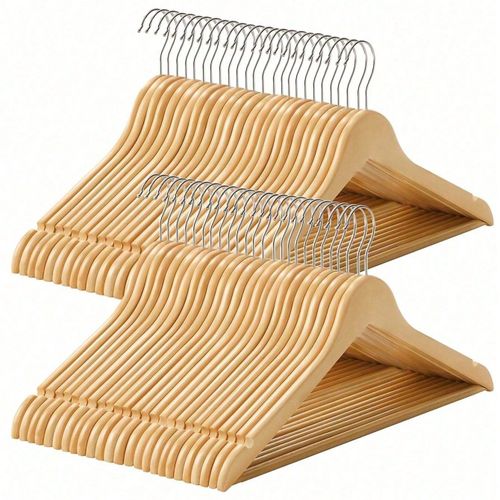 Cintre Bois, Lot de 50, avec encoches Antiglisse, Barre Antiglisse pour pantalons, Couleur Boisée et Argent