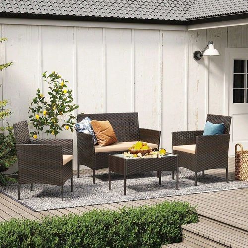 Salon De Jardin Extérieur, Ensemble De Mobilier, Table Et Chaises Marron Et Taupe