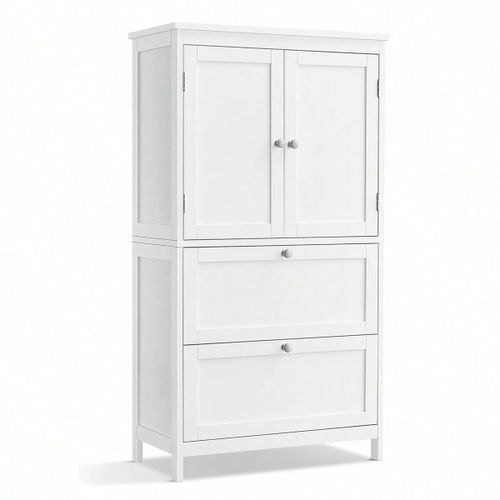 Armoire De Salle De Bain, Avec 2 Tiroirs Et 2 Portes, Étagères Réglables, 60 X 30 X 110 Cm, Blanc