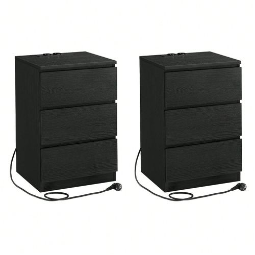 Table De Chevet Avec Multiprise, Lot De 2, Table D'appoint Avec 3 Tiroirs, 2 Prises Ca, 2 Ports Usb, Noir Boisé