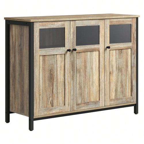 Meuble De Rangement, Buffet, Avec Placard 3 Portes, Cadre En Acier, Style Industriel, Marron Turquoise Et Noir D'encre