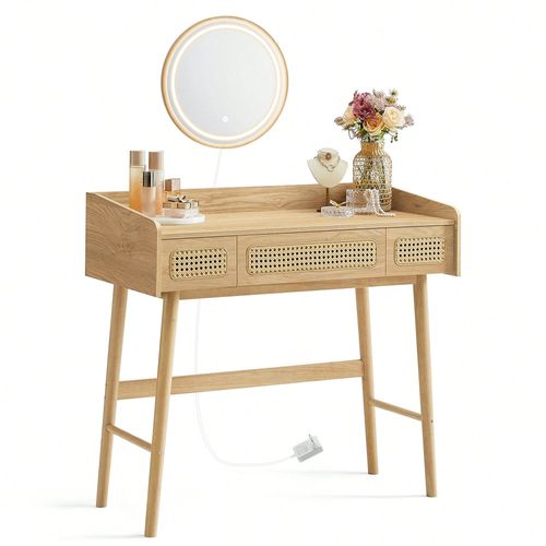 Coiffeuse Avec Miroir Et Lumière, 3 Tiroirs Imitation Rotin, Lumière Réglable Avec 3 Nuances De Couleur, Style Bohème, Beige Chêne