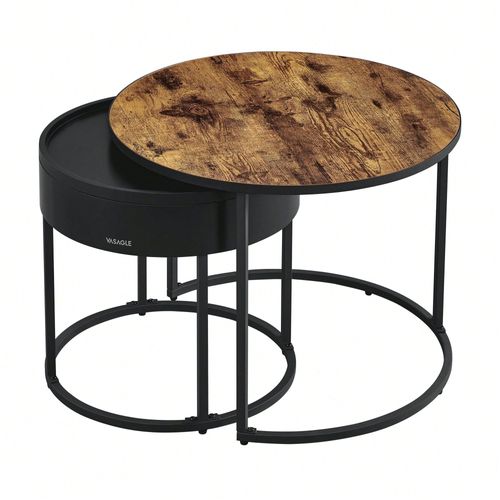 Tables Basses, Lot De 2, Tables D'appoint Rondes, Rangement Discret Et Plateau, Pour Salon, Chambre, Balcon, Marron Rustique Et Noir D'encre