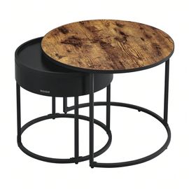 Tables Basses, Lot De 2, Tables D'appoint Rondes, Rangement Discret Et Plateau, Pour Salon, Chambre, Balcon, Marron Rustique Et Noir D'encre