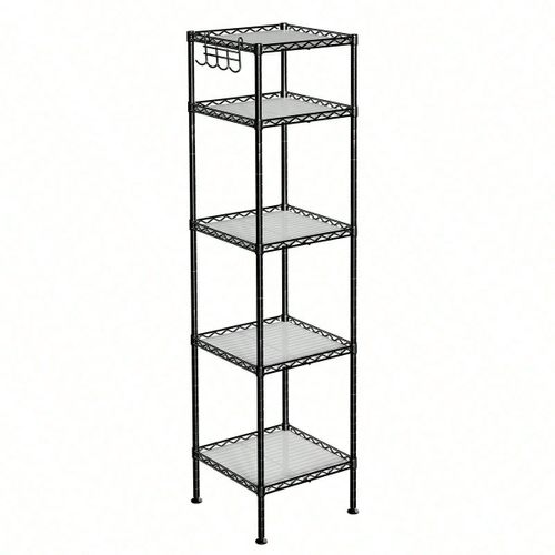 Étagère Salle De Bain En Métal, 5 Planches En Plastique, Crochets, 30 X 30 X 123,5 Cm, Extensible, Petit Espace, Noir Et Simi-Transparent