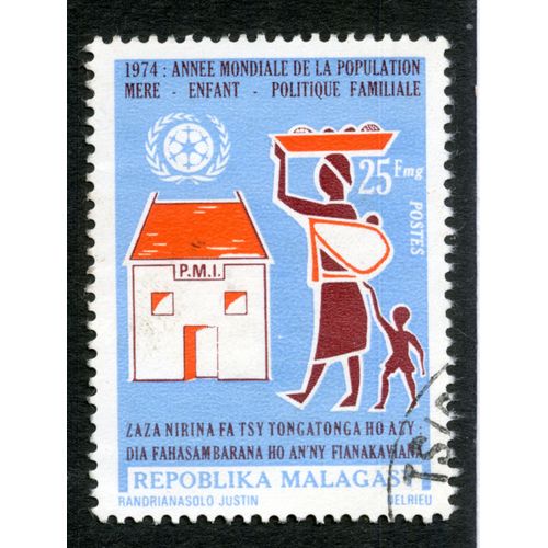Timbre Oblitéré Repoblika Malagasy, 1974 Année Mondiale De La Population Mère Enfant Politique Familiale, 25 Fmg, Postes