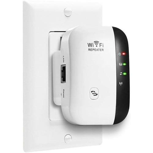 Extension de portée WiFi amplificateur de signal WiFi jusqu'à 300 Mbps répéteur WiFi sans fil haute vitesse 2,4 G avec antennes intégrées Ethernet Port couverture WiFi complète à 360° facile à installer blanc.