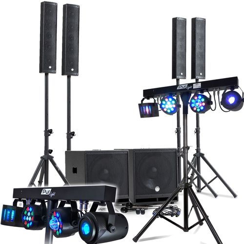 KIT SONO COMPLET 2400W DJ BM SONIC, 4 Enceintes satellites, 2x MEGA SUB 38cm USB/Bluetooth, Câbles, Micros, 2 PORTIQUES LUMIERES