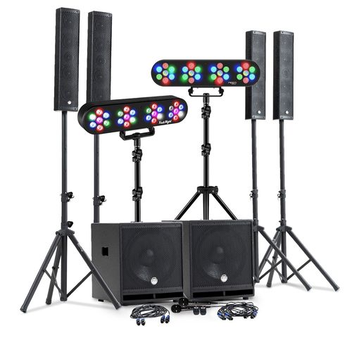 PACK SONO DJ COMPLET 2400W BM SONIC, 4 Enceintes, 2x MEGA SUB 38cm USB/Bluetooth, Câbles, Micros, 2 PORTIQUES ECLAIRAGES LED