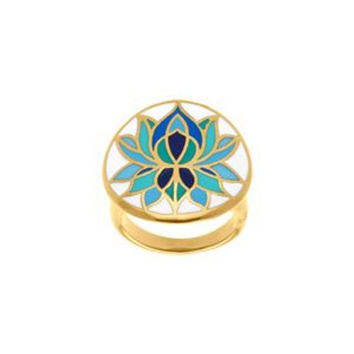 Bague Acier Doré Stella Mia Résine Fond Blanc Fleur De Lotus Bleu