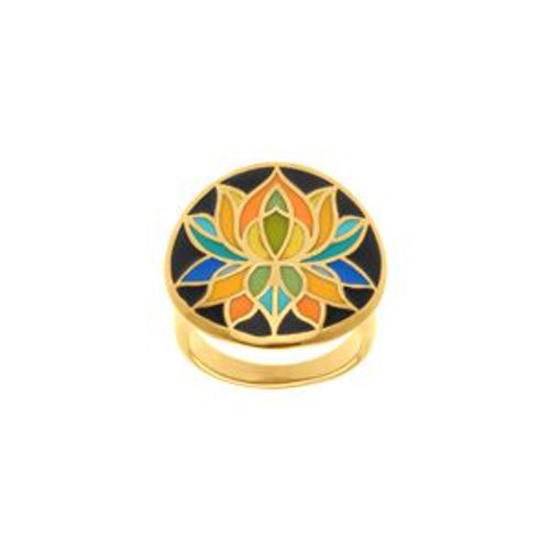 Bague Acier Doré Stella Mia Résine Fond Noir Fleur De Lotus