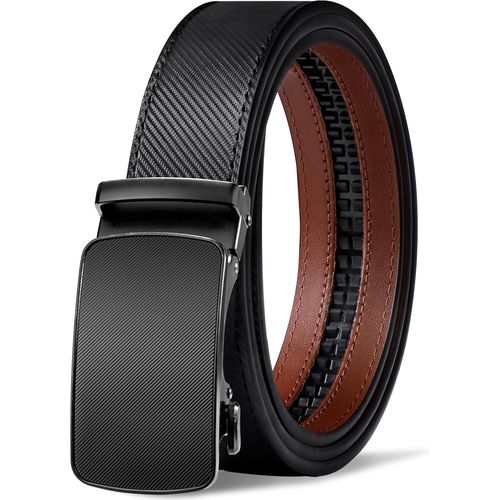 Ceinture Homme En Cuir,Ceintures Largeur 35mm Boucle À Cliquet Automatique Avec Boîte Cadeau,Taille Ajustable Fibre Carbone Noir 34-40 Inch