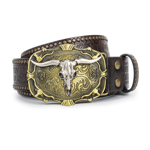 Western Cowboy Ceinture En Cuir Pu-Sangle De Taille Pour Homme Avec Rivets Cloutés Pour Jeans,Pantalons,Taille De 78,7 Cm À 96,5 Cm