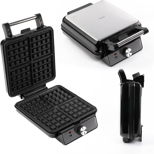 Gaufrier Électrique 1500w Pour 4 Gaufres Belges, Chauffe Rapide, Température Réglable, Plaques Antiadhésives, Voyant Lumineux, Poignée Cool Touch, Inox, Noir[Pla6120620]