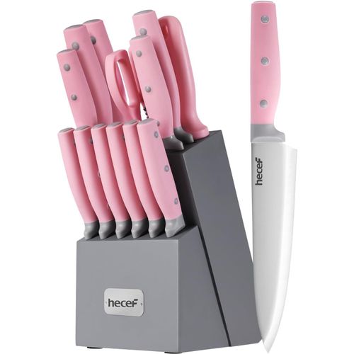 Kitchen Knife,14 Piece Kitchen Knife Holder,Stainless Steel Kitchen Knife Set With Wooden Block,Professional Chef Knives-More Color Choice (Pink)