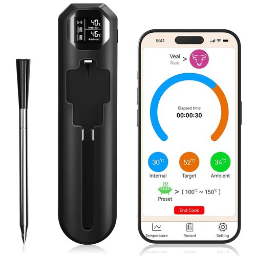 Asas-Thermomètre Cuisine,Thermometre Viande Avec Application,Ip67 Bluetooth Thermomètre Culinaire Avec Écran,Portée De 150m,Thermomètre À Viande Numérique Pour Barbecue Four Grill