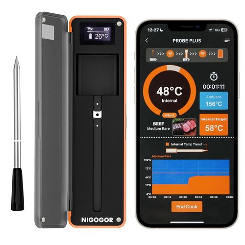 asas-Thermometre Cuisine,Télésurveillance De 130 Mètres Avec Lecture En Temps Réel,Thermomètre Cuisine,Étanchéité Ipx7,Rechargeable,Compatible Avec Ios/Android,Idéal Pour Bbq,Fours,Etc