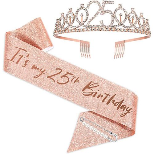 25 Years Birthday Crown Scarf,25th Birthday Belt And Tiara For Girls,Birthday Accessory Kit,For Birthday Party Decoration