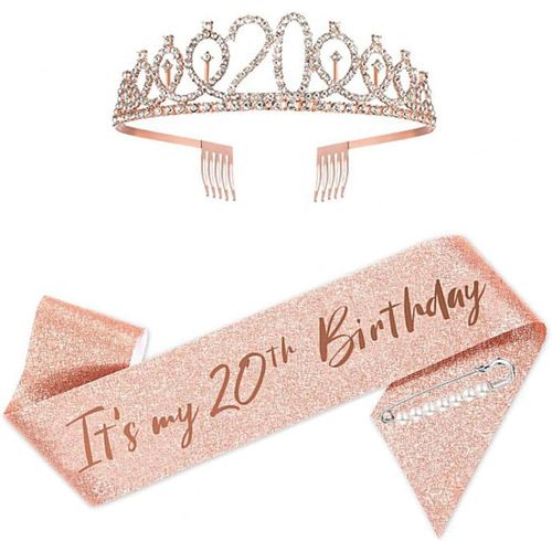 20 Years Birthday Crown Scarf,20th Birthday Belt And Tiara For Girls,Birthday Accessory Kit,For Birthday Party Decoration