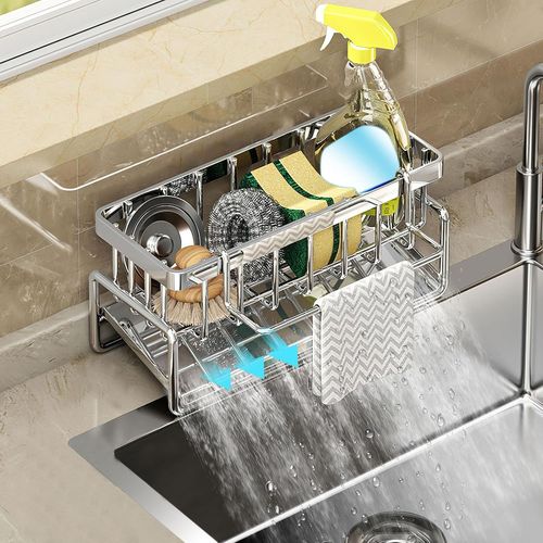 Kitchen Sink Organizer No Drilling Dual Use With 4 Adhesive Hooks Sponge Holder Kitchen Drainer Sponge On Sink Storage Holder Utensils Liquid Dish Cloth
