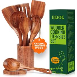 Lot De 9 Cuillères En Bois De Teck Naturel Avec Repose-Cuillère Et Support Pour Ustensiles[Aig6123909]
