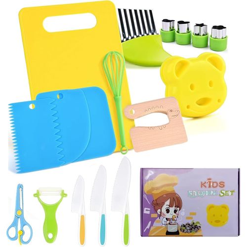 17Pcs Kit Couteaux De Cuisine Pour Enfants Plastique Couteau Enfant Ensemble De Couteaux Bois Ustensiles Montessori 3-6 Ans Couteau Sécurité Avec Planche À Découper Pour Cadeau D'A[AIG6120450]