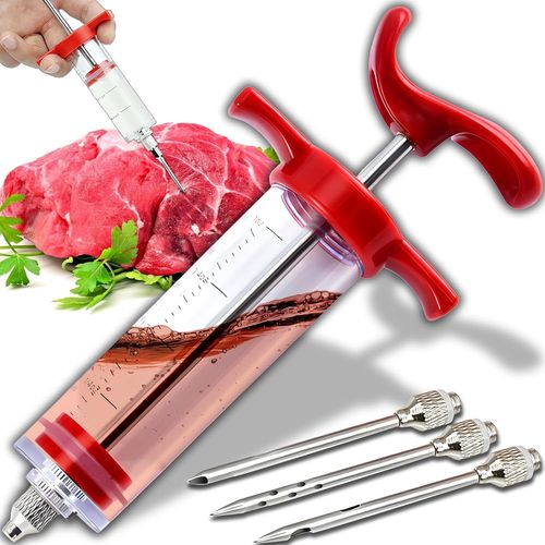 Seringue Alimentaire, Seringue Viande Avec 3 Aiguilles, Seringue À Marinade Capacité De 30 Ml, Njecteur De Marinade Pour Boeuf, Poulet, Bbq, Dinde, 14,5 X 3,5 Cm, Couleur Rouge[Aig6124370]