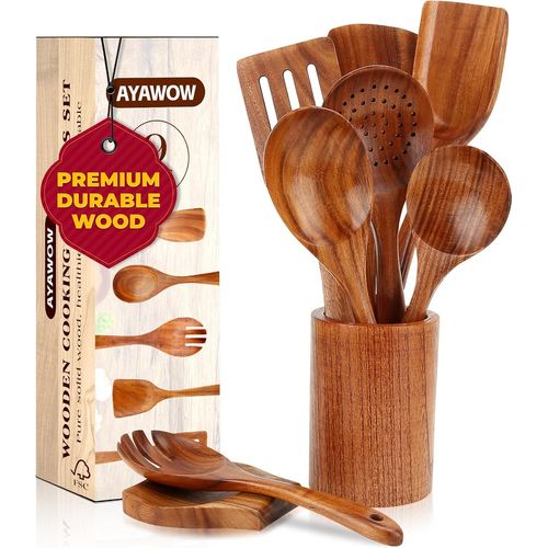 Lot De 9 Ustensiles De Cuisine En Bois De Teck Avec Support Et Repose-Cuillère[Aig6124529]