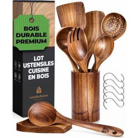 Ustensiles En Bois De Teck Avec Support Et Repose Cuillère Cuillères Et Spatule Pour La Cuisine - Naturels Et Sains Antiadhésifs - Ensemble 13 Pièces[Aig6120030]
