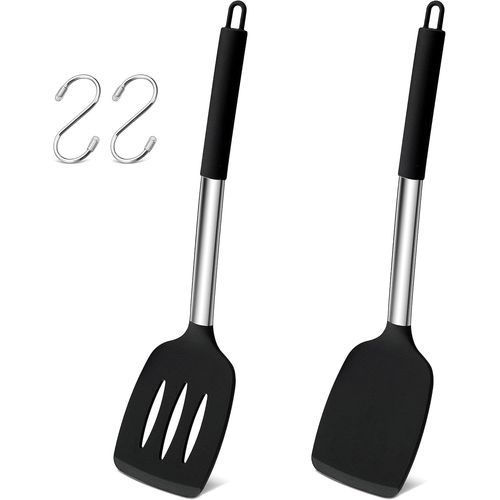 Spatule En Silicone, 2 Spatules De Cuisine En Acier Inoxydable Avec Crochets En S Pour ?ufs, Poissons, Crêpes, Viande, Ustensiles De Cuisine Antiadhésifs, Résistants À La Chaleur E[Aig6124405]