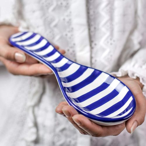 Repose Cuillère | À Rayures Bleu Marine Et Blanches En Céramique Fait Et Peint À La Main[Aig6124570]