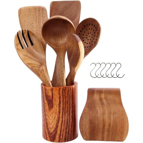 Purpleline Lot De 14 Cuillères De Cuisine En Bois | Ustensiles De Cuisine Pour La Cuisine | Avec Spatule En Bois, Louche À Mousse, Louche À Soupe, Couverts À Salade, Porte-Cuillère[Aig6123670]