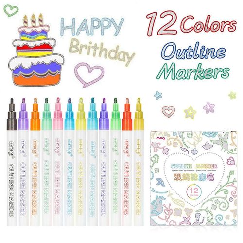 Ensemble De Marqueurs De Stylo De Contour À Double Ligne Avec 8/12 Surligneurs De Couleurs Différentes Pour Écrire Des Notes Scrapbooks